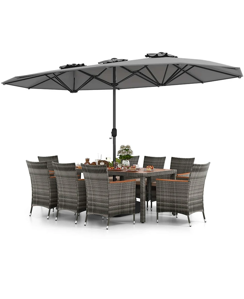 Costway 10 Pieces Patio Wicker Dining Set with Double-Sided Umbrella 8 Armchairs
