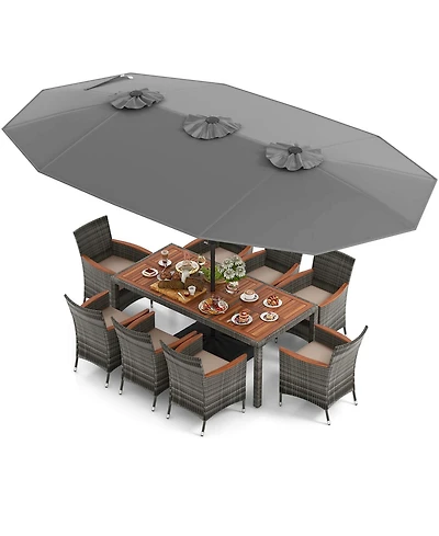 Costway 10 Pieces Patio Wicker Dining Set with Double-Sided Umbrella 8 Armchairs