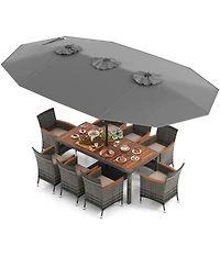 Costway 10 Pieces Patio Wicker Dining Set with Double-Sided Umbrella 8 Armchairs
