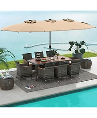 Costway 10 Pieces Patio Wicker Dining Set with Double-Sided Umbrella 8 Armchairs
