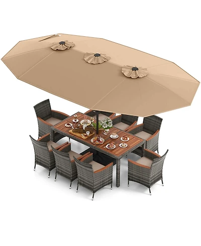 Costway 10 Pieces Patio Wicker Dining Set with Double-Sided Umbrella 8 Armchairs