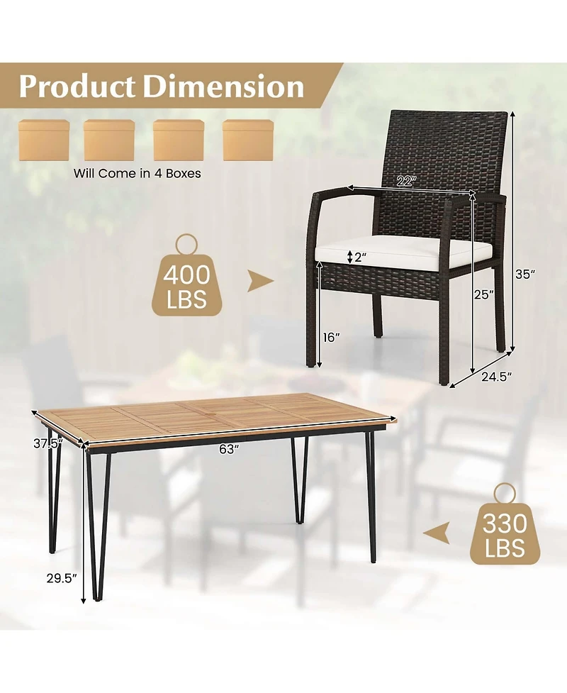 7 Pcs Patio Dining Set with Acacia Wood Dining Table Rattan Armchairs Soft Cushions