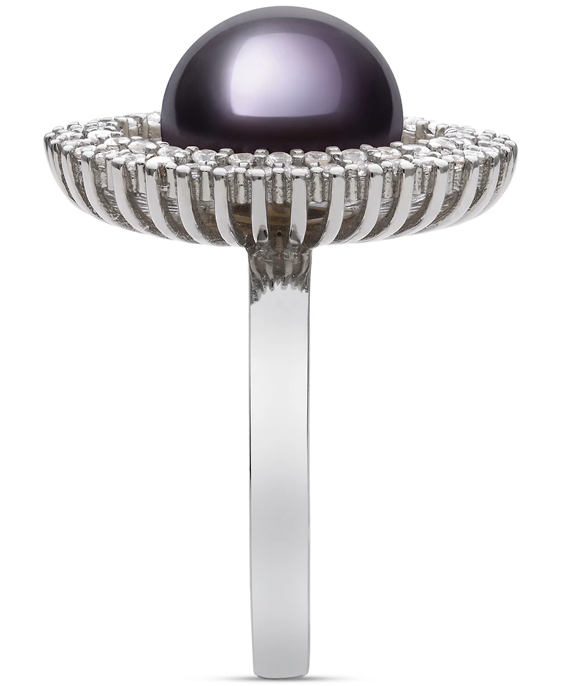 Belle de Mer Peacock Black Cultured Freshwater Pearl (10mm) & Cubic Zirconia Halo Ring Sterling Silver (Also White Pearl)