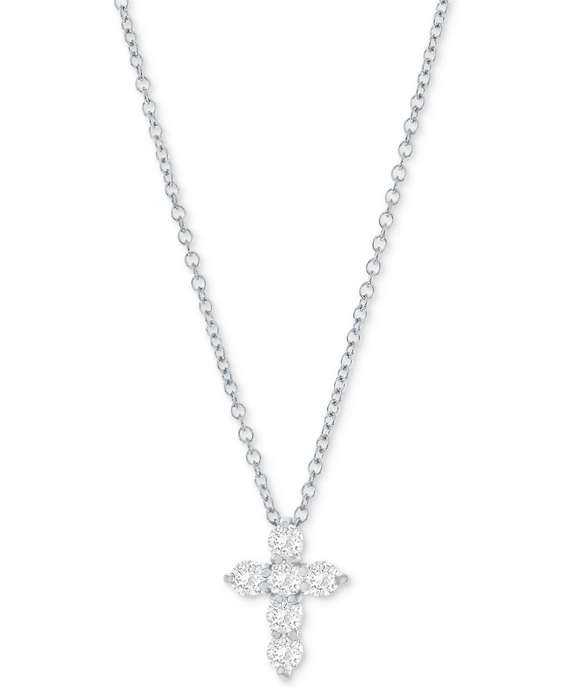 Diamond Petite Cross Pendant Necklace (1/3 ct. t.w.) 14k White or Yellow Gold, 16" + 2" extender