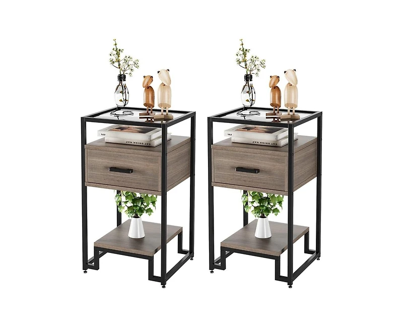 Nightstand Set of 2, Mid Century Modern End Table with 3-Tier Storage & Tempered Glass Top and Storage Drawer for Bedroom, Live Room