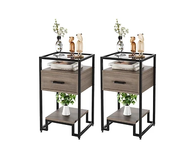 Nightstand Set of 2, Mid Century Modern End Table with 3-Tier Storage & Tempered Glass Top and Storage Drawer for Bedroom, Live Room