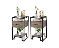 Nightstand Set of 2, Mid Century Modern End Table with 3-Tier Storage & Tempered Glass Top and Storage Drawer for Bedroom, Live Room