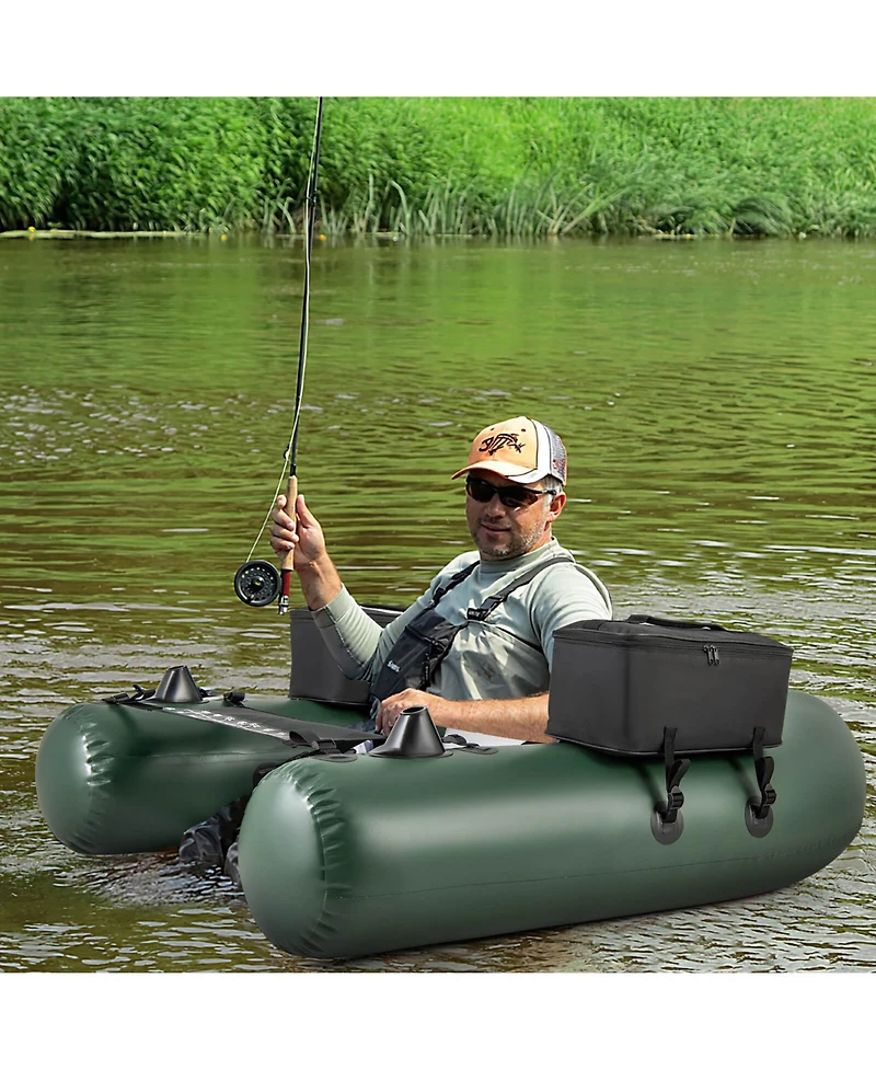 Inflatable Fishing Float Tube with Fish Ruler Angling Base 2 Storage Pockets Pump