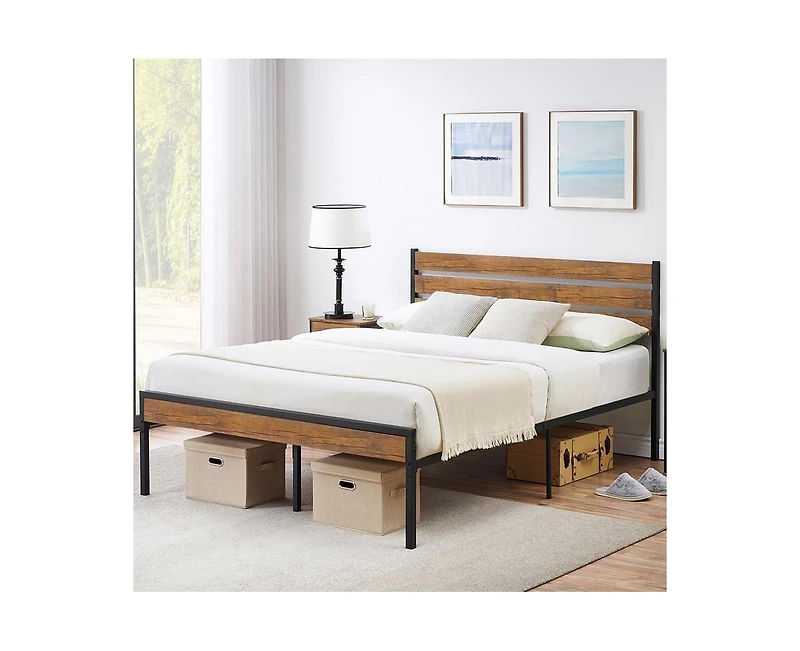 gaomon Queen Size Platform Bed Frame with Rustic Vintage Wood Headboard, Mattress Foundation Metal Slats Support, No Box Spring Needed, Brown