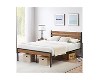 gaomon Queen Size Platform Bed Frame with Rustic Vintage Wood Headboard, Mattress Foundation Metal Slats Support, No Box Spring Needed, Brown