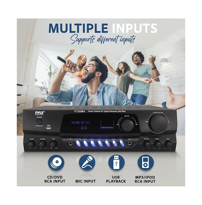 Pyle Home Theater Wireless Bluetooth Streaming Receiver Amplifier With Fm/Usb, 200 Watt