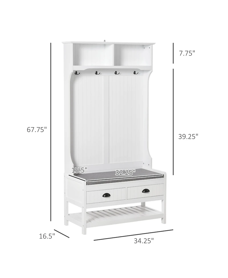 3-in-1 Hall Tree, Entryway Bench with Coat Rack, Mudroom Bench with Shoe Rack, 2 Storage Drawers, 4 Hooks and Padded Seat Cushions for Hallway, White