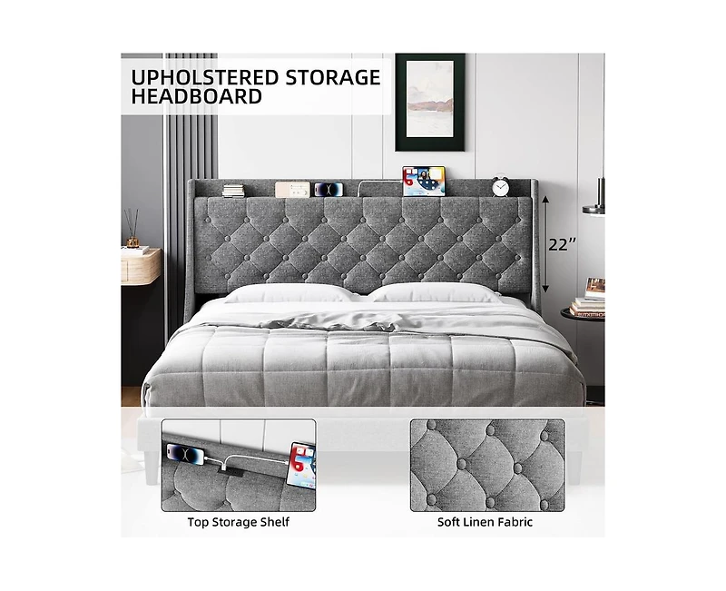 gaomon King Size Bed Frame with Charging Ports & Storage Shelf, Upholstered Platform Bed with Wingback Headboard, No Box Spring Needed, Gray