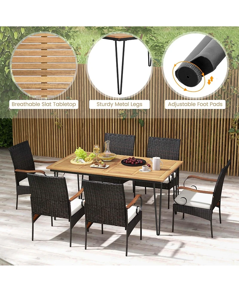7 Pcs Patio Dining Set with Acacia Wood Dining Table Rattan Armchairs Soft Cushions