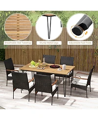 7 Pcs Patio Dining Set with Acacia Wood Dining Table Rattan Armchairs Soft Cushions