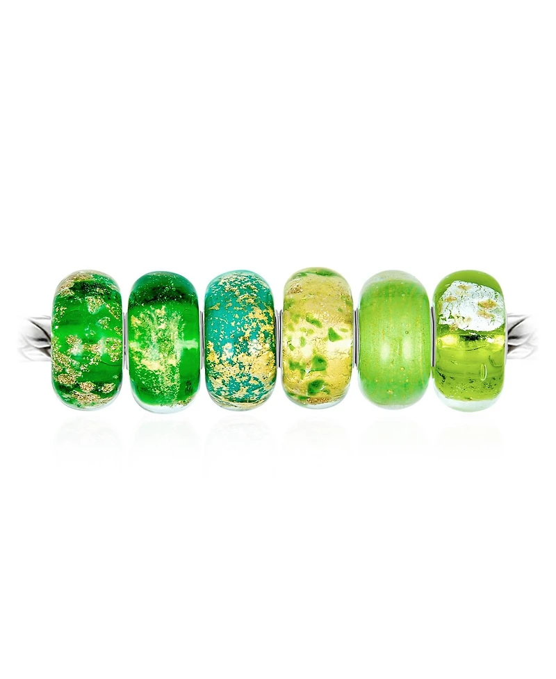Bling Jewelry Mixed Set Of 6 Bundle Translucent Shades Of Green Swirl Floral Murano Glass Swirl Charm Bead Spacer .925 Sterling Silver Core Fits Europ