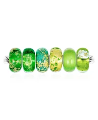 Bling Jewelry Mixed Set Of 6 Bundle Translucent Shades Of Green Swirl Floral Murano Glass Swirl Charm Bead Spacer .925 Sterling Silver Core Fits Europ