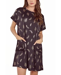 iCollection Women's Silky Pocket Shift Sleepshirt Nightgown Feather Print