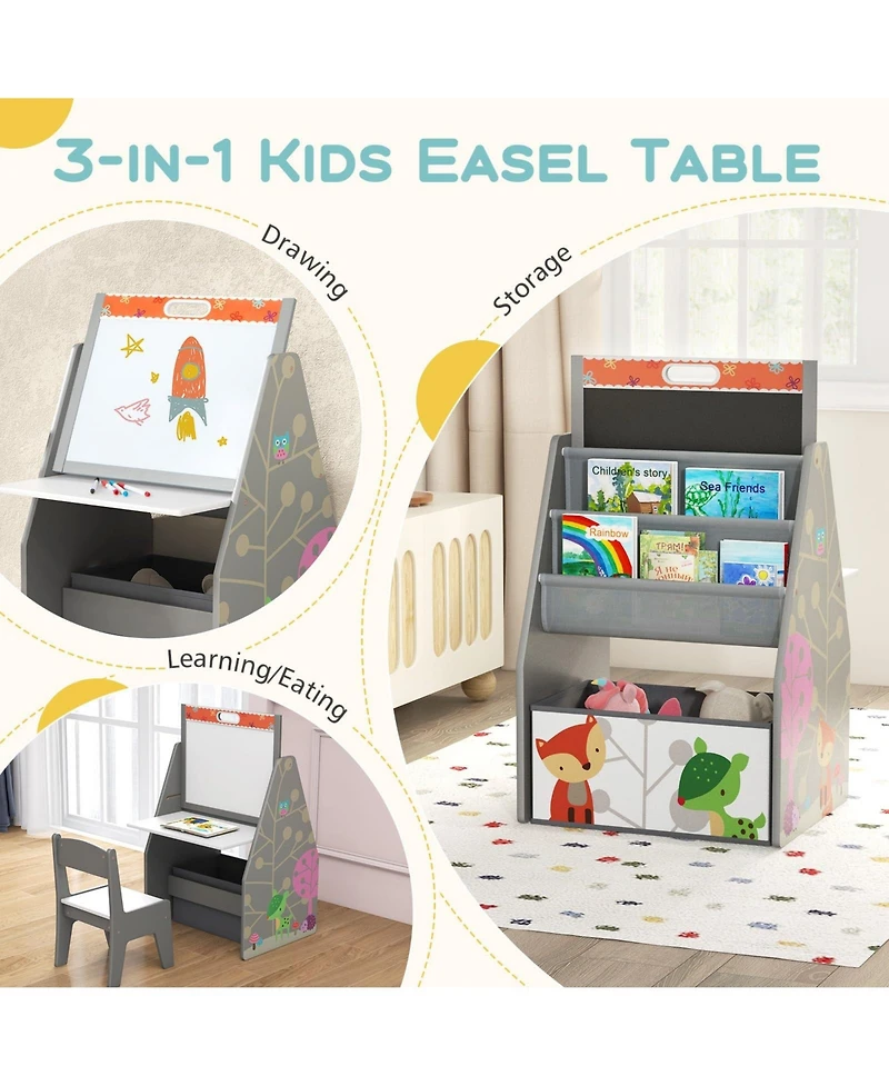 3 in 1 Kids Easel and Play Station Convertible with Chair and Storage Bins