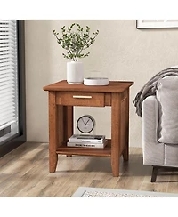 Gymax Boho Style Nightstand 3-Tier Sofa Side End Table w/ Drawer & Shelf Walnut