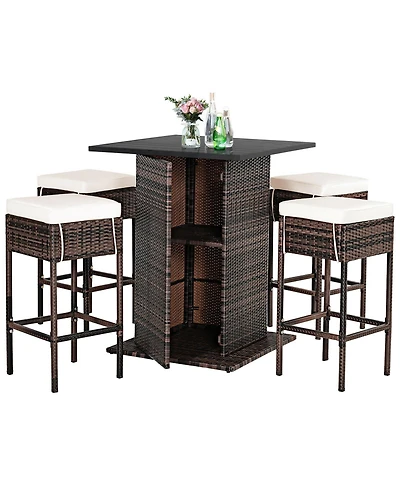 5 Pieces Patio Rattan Bar Furniture Set with Cushions and Hidden Storage Shelf
