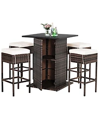 5 Pieces Patio Rattan Bar Furniture Set with Cushions and Hidden Storage Shelf