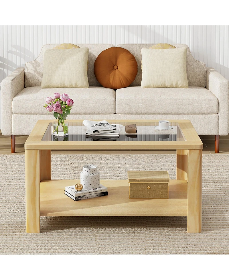 Gymax 2-Tier Coffee Table w/ Tempered Glass Tabletop & Storage Shelf Rounded Corners