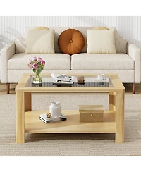 Gymax 2-Tier Coffee Table w/ Tempered Glass Tabletop & Storage Shelf Rounded Corners