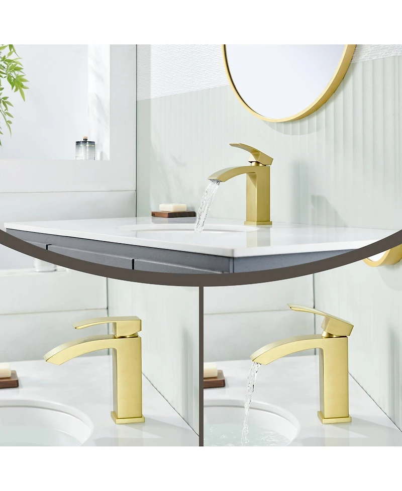 Flynama Single Handle Bathroom Faucet Waterfall Spout Commercial Modern Lavatory Deck Mount, Bathroom Faucet in Brushed Gold