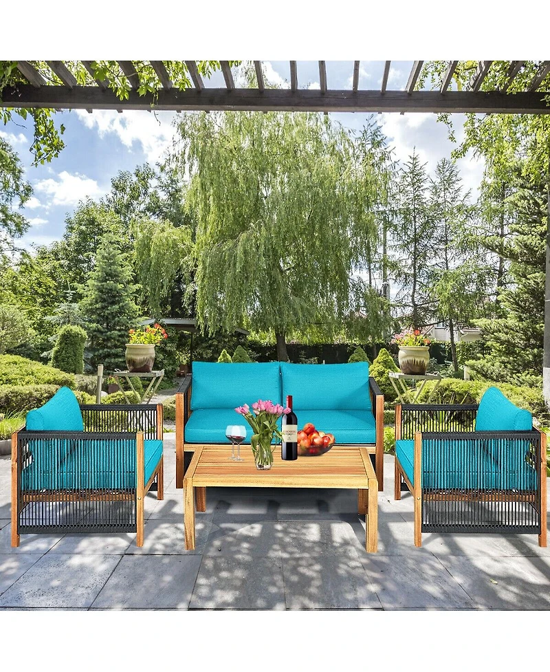 4 Pieces Acacia Wood Sofa Set with Cushions for Outdoor Patio-Blue
