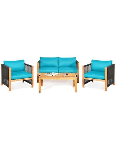 4 Pieces Acacia Wood Sofa Set with Cushions for Outdoor Patio-Blue