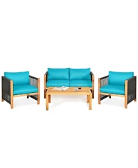 4 Pieces Acacia Wood Sofa Set with Cushions for Outdoor Patio-Blue