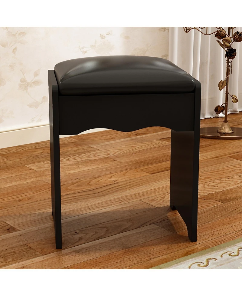 Famapy 5-Drawers Black Wood Led Push-Pull Mirror Makeup Vanity Sets Dressing Table Sets with Stool and 3-Tier Storage Shelves