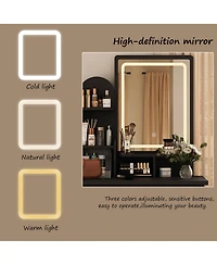 Homsee 5-Drawers Pink Makeup Vanity Sets Dressing Table with Stool, Mirror, Led Light and 3-Tier Storage Shelves