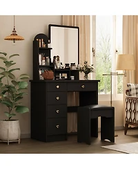 Famapy 5-Drawers White Makeup Vanity Table Wooden Dressing Desk With Mirror and 3-Tier Storage Shelves