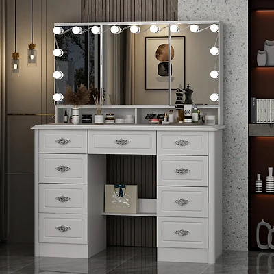 Famapy White Makeup Vanity Table Dressing Desk W/3-Mirrors,Lighted Mirror, Drawers, Hidden Storage Shelves Carved Metal Handles