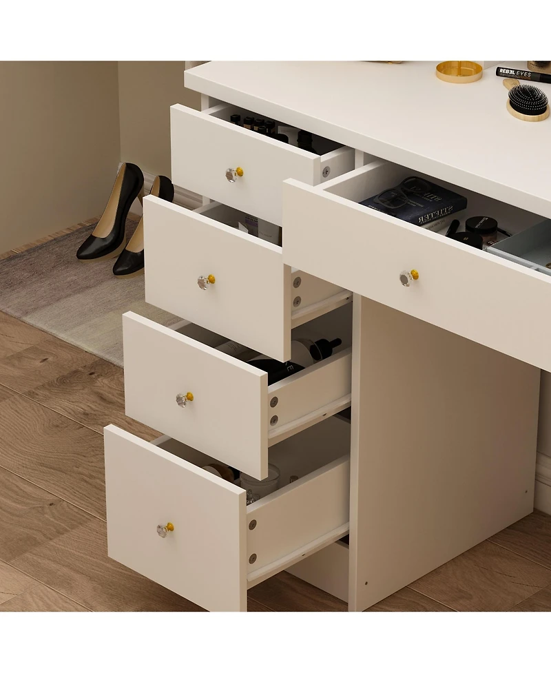 Famapy 5-Drawers White Makeup Vanity Table Wooden Dressing Desk With Mirror and 3-Tier Storage Shelves