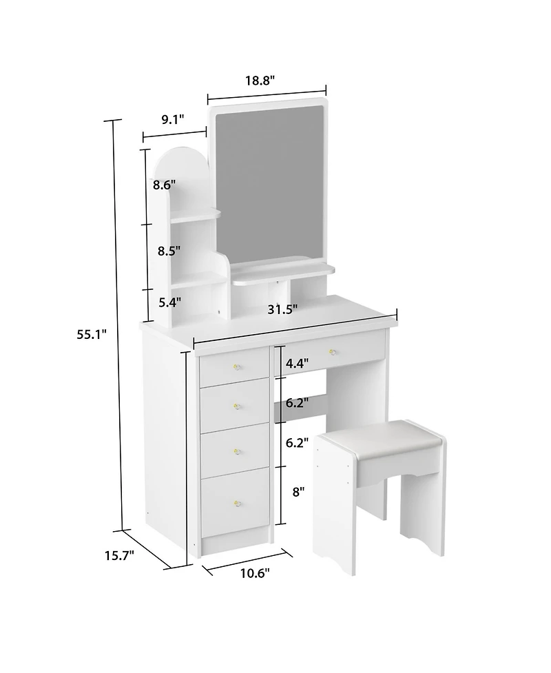 Famapy 5-Drawers White Makeup Vanity Table Wooden Dressing Desk With Mirror and 3-Tier Storage Shelves