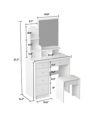 Famapy 5-Drawers White Makeup Vanity Table Wooden Dressing Desk With Mirror and 3-Tier Storage Shelves