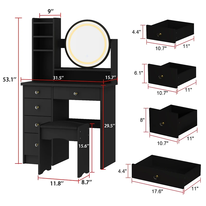 Famapy 5-Drawers White Wood Makeup Vanity Table Dresser Sets Dressing Desk with Led Mirror and Open Shelves