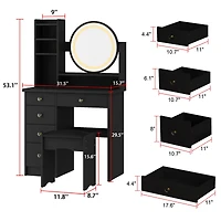 Famapy 5-Drawers White Wood Makeup Vanity Table Dresser Sets Dressing Desk with Led Mirror and Open Shelves