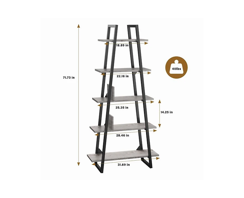 Garmin Bookshelf 5 Tier Industrial Wood, Tall Open Rustic Etagere Bookcase Ladder, Standing Display Shelves for Home Living Room Bedroom Office