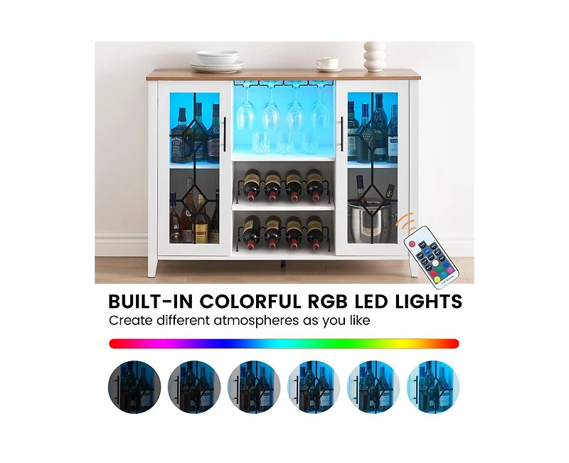 Garmin Wine Bar Cabinet with Led Light, Home Coffee Cabinet with Wine and Glass Rack, Kitchen Buffet Sideboard with Storage Cabinet&Drawers, Modern Li