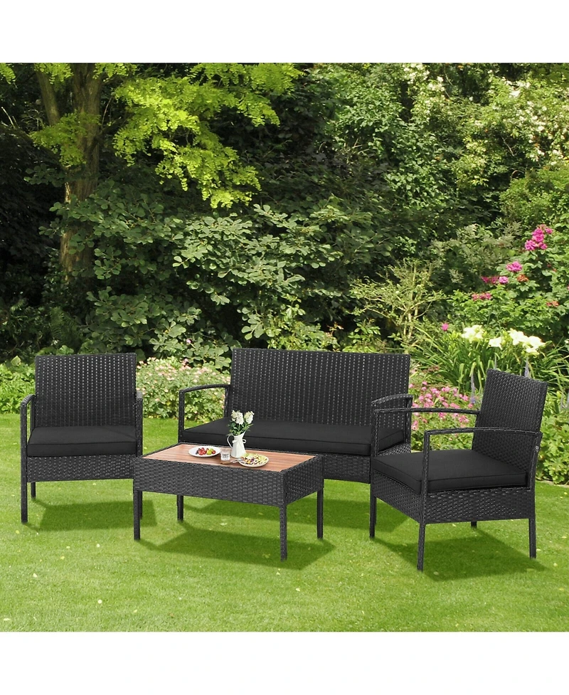 Sugift 4 Pieces Patio Rattan Cushioned Furniture Set with Wooden Tabletop