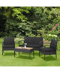 Sugift 4 Pieces Patio Rattan Cushioned Furniture Set with Wooden Tabletop