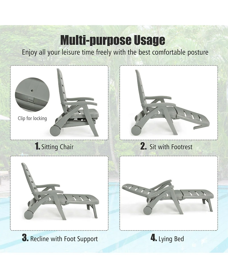 Sugift 5 Position Adjustable Folding Lounger Chaise Chair on Wheels