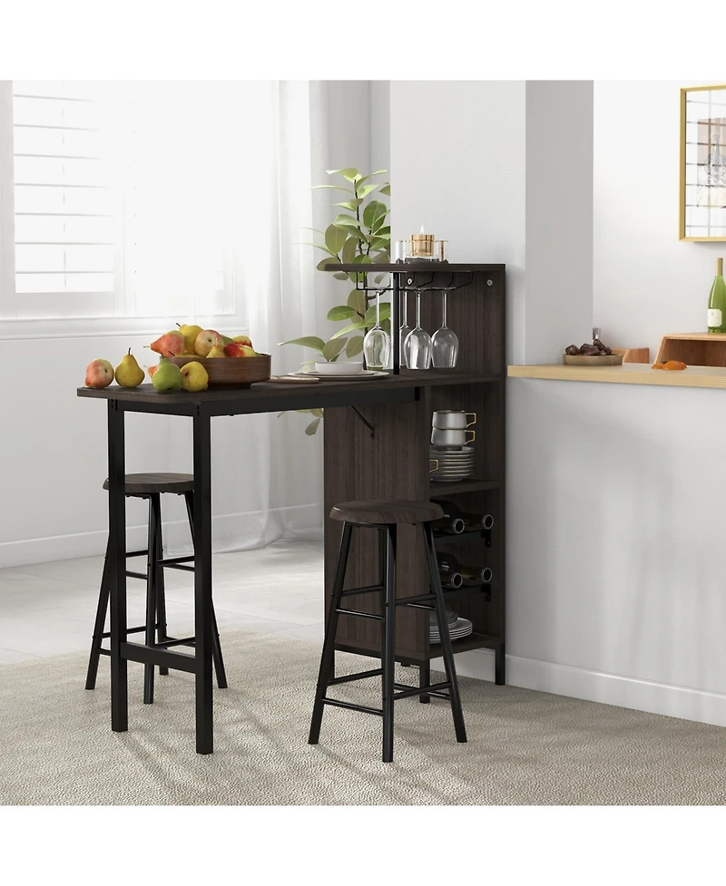 Sugift 3 Piece Bar Table and Chairs Set with 6-Bottle Wine Rack