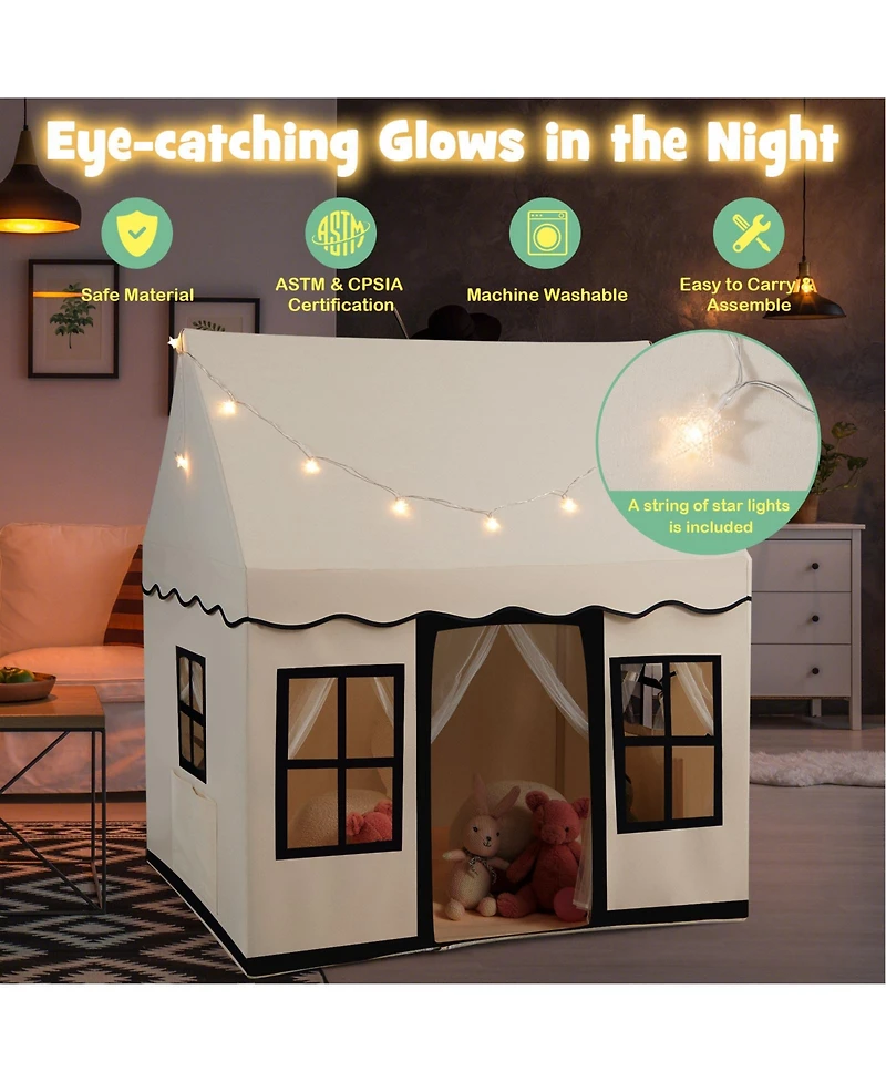 Gouun Toddler Large Playhouse with Star String Lights-Beige