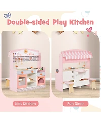 Gouun Double-Sided Kids Play Kitchen Set with Canopy and 2 Seats