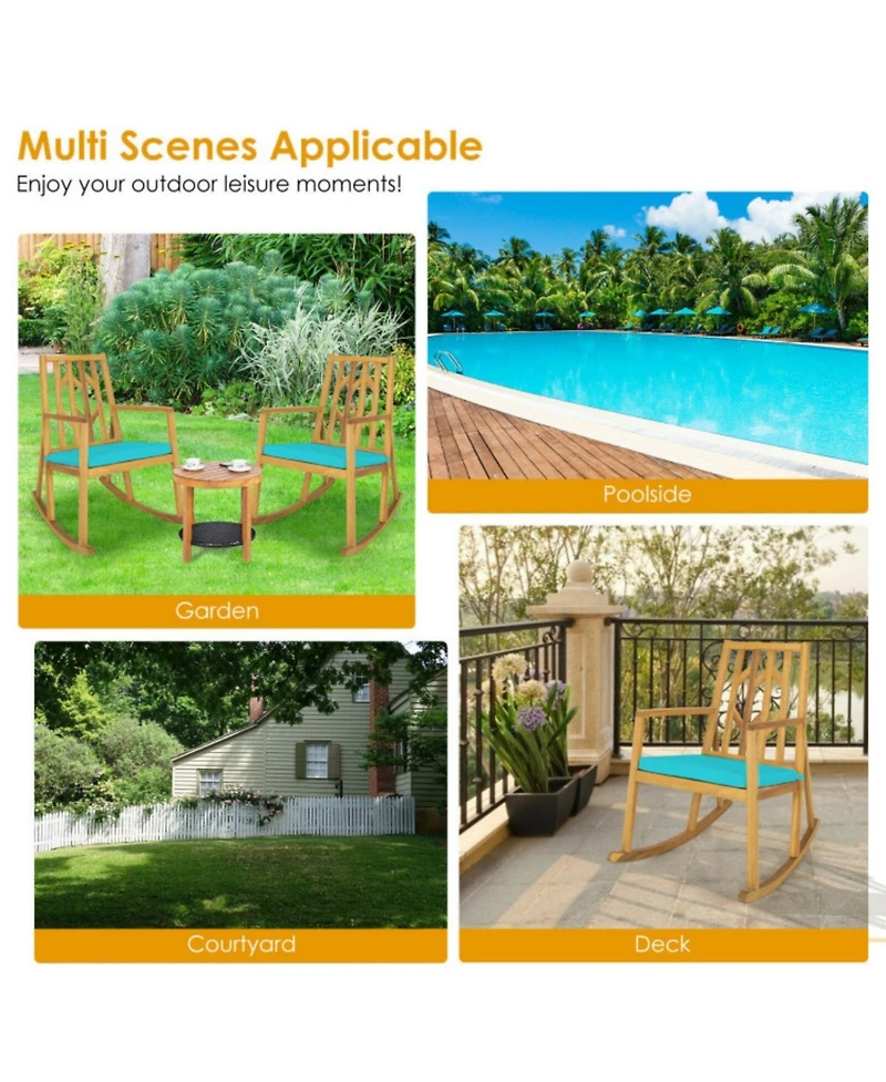 Sugift Patio Acacia Wood Rocking Chair Sofa with Armrest and Cushion for Garden Deck